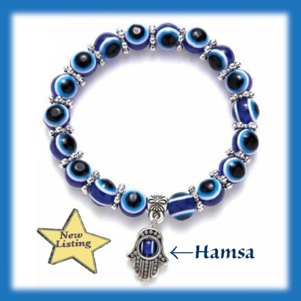 Hamsa- & Blue Evil Eye Bead Bracelet- Luck & Good Karma -Medium - Size -Stretch